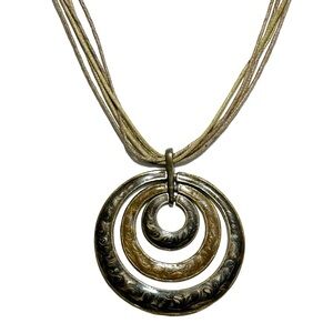 Boho Brown Gold Beige Pearlized Layered Round Circle Loop Pendant Rope Necklace